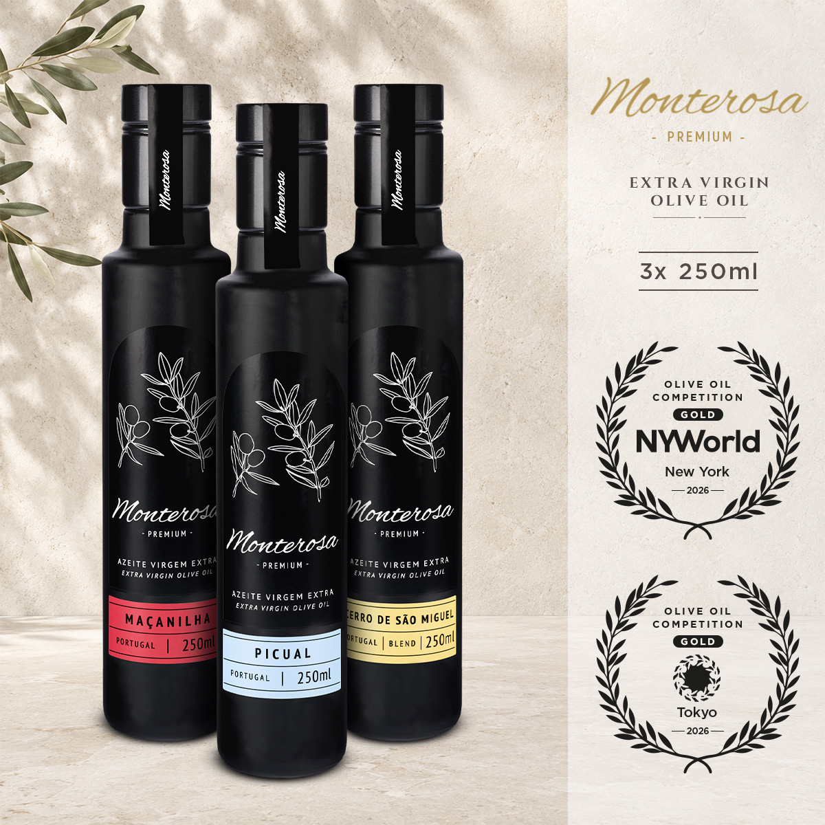Monterosa Extra Virgin Olive Oil Maçanilha x1, Picual x1, Cerro de São Miguel x1 250ml