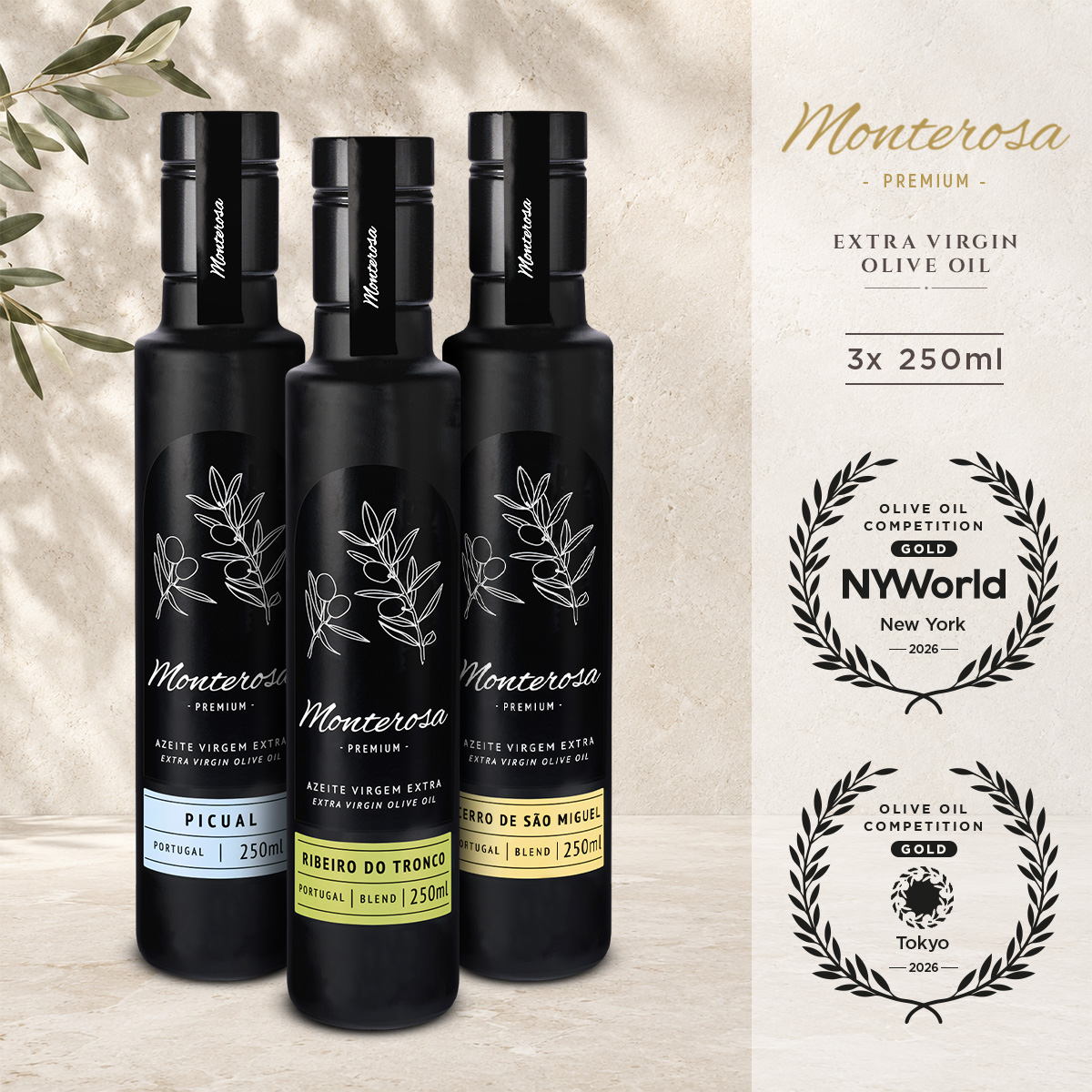 Monterosa Extra Virgin Olive Oil Picual x1, Ribeiro do Tronco x1, Cerro de São Miguel x1 250ml(Copy)