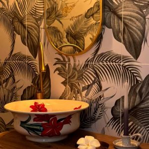 Ceramic Handpainted Sink - Red Flower Pattern 25cm