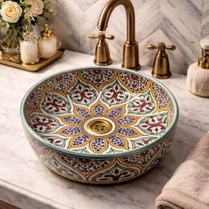 Ceramic Handpainted Sink - Green Flower Pattern 25cm